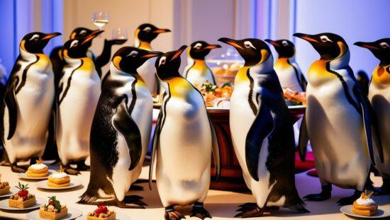des-pingouins-qui-sont-a-un-after-work-un-verre-dans-la-main-ou-un-toast-devant-un-buffet-garnis